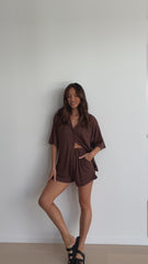 Machiko Button Up Shirt and Shorts Set - Brown Waffle Knit